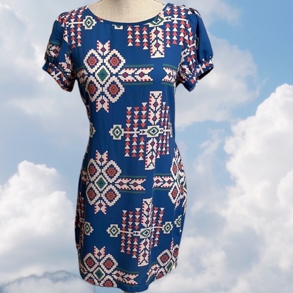 Buttons Aztec print dress in turquoise & orange, sz S - Picture 1 of 8